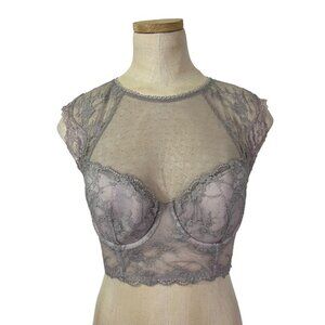 Victoria's Secret bra 34D Taupe high neck lace cap sleeves sheer upper